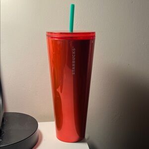 Starbucks Glossy Red Tumbler with Teal Straw